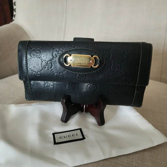 Gucci GG Black Guccissima Long Trifold Snap Wallet W/ Gucci Gold Horsebit Accent - Picture 16 of 16